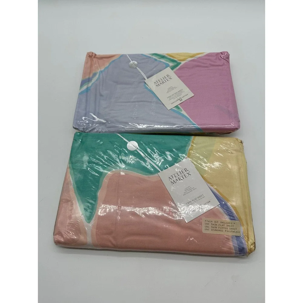 Vtg 80s 90s Atelier Martex Eternity Twin Flat & Fitted Sheet Set Abstract Pastel